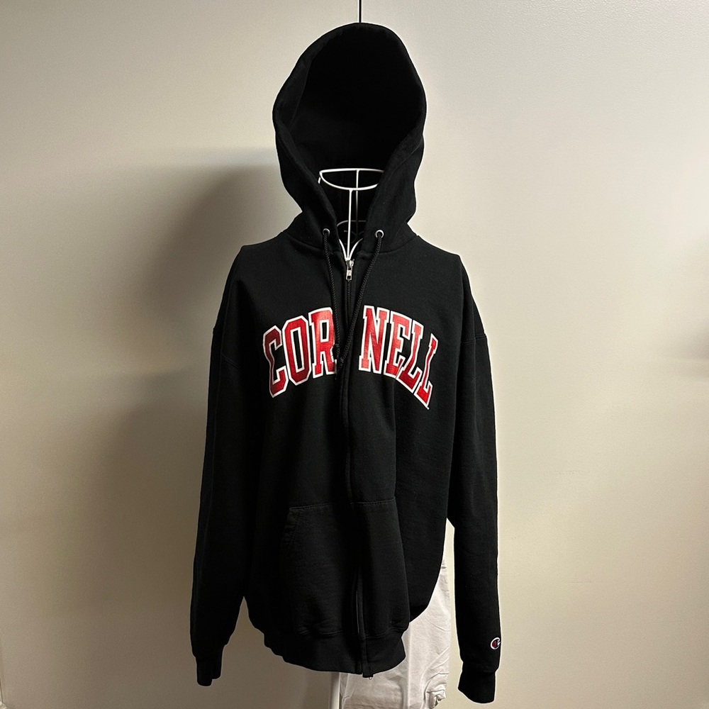 Champion Black Hoodie with Red Cornell lettering